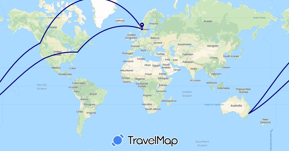 TravelMap itinerary: driving in Australia, Canada, Norway, United States (Europe, North America, Oceania)